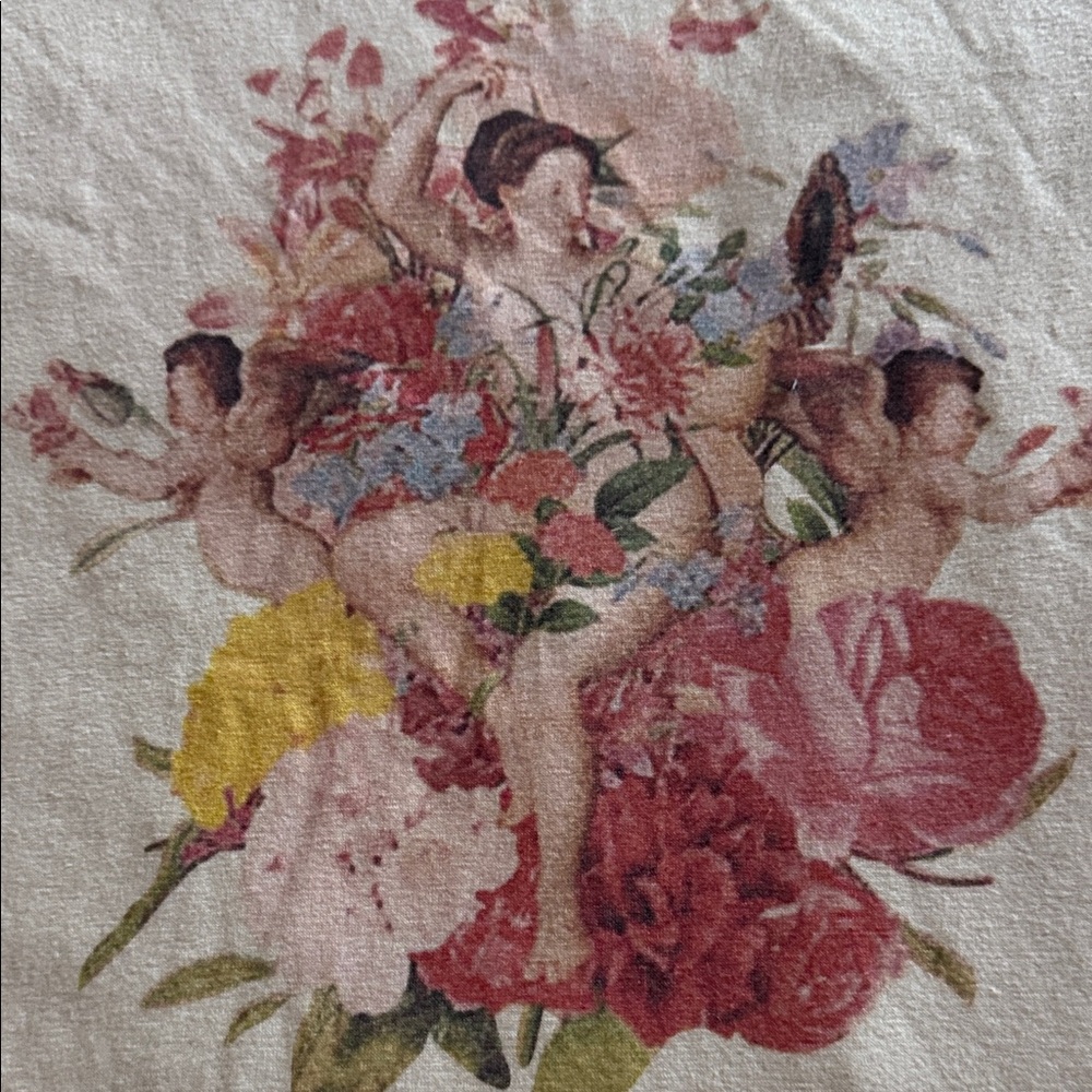 Beige Pink Angel Cherub Floral Short Sleeve Graphic T-Shirt Top Womans sz Large - Picture 3 of 5